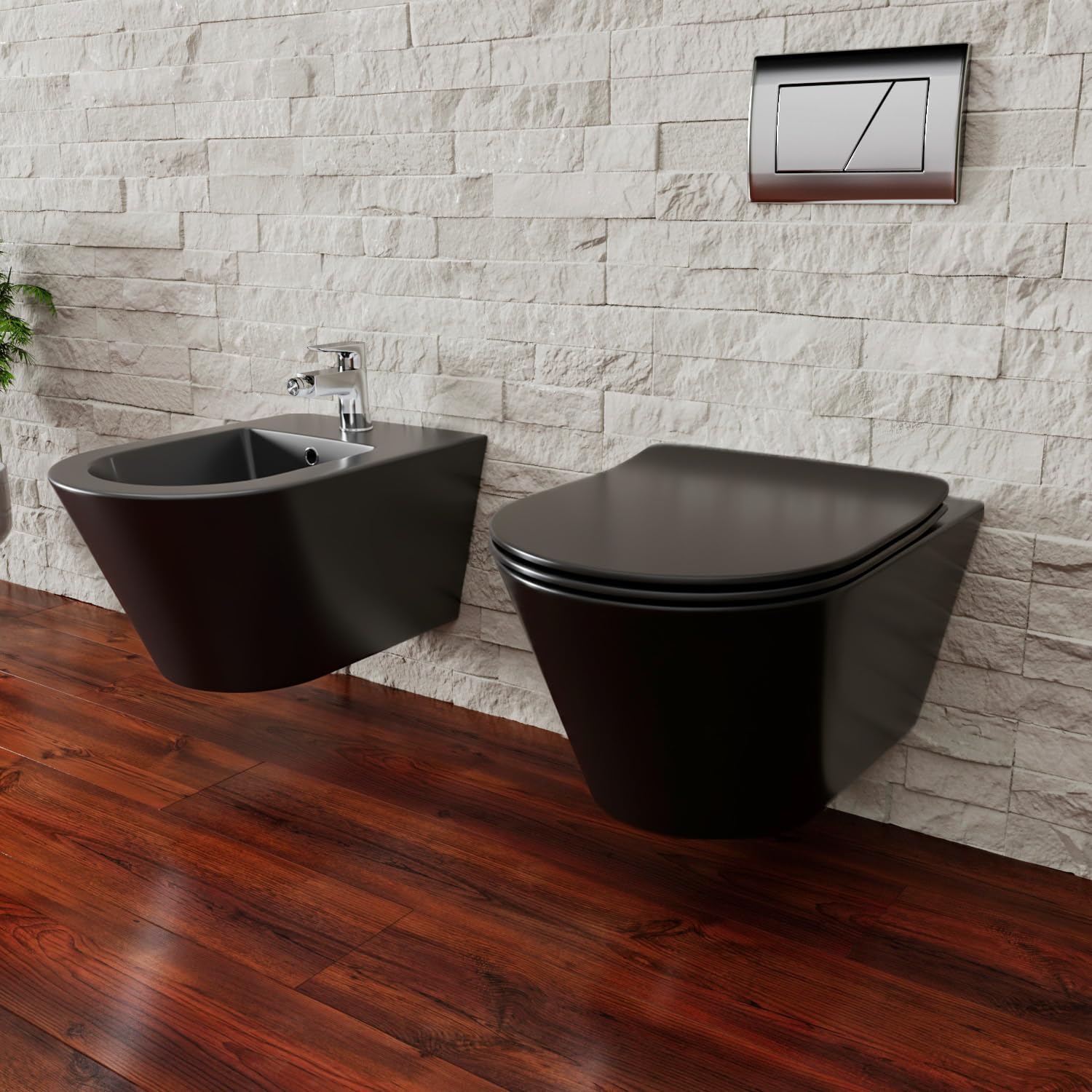 Bricozone Coppia Di Sanitari Sospesi In Ceramica Set Wc E Bidet Da Parete Design Moderno Con Copri Wc Soft Close E Finitura Opaca Ideali Per Bagno Contemporaneo Facili Da Pulire (Nero opaco)