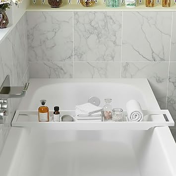 Bamboo bath caddy tray, Wooden Bath Tray, Bath Trays for Across the Bath, Candle Tray, Bath Board, Bath Tub Rack & Wood Shelf, bathroom accessory bathroom storage WHITE