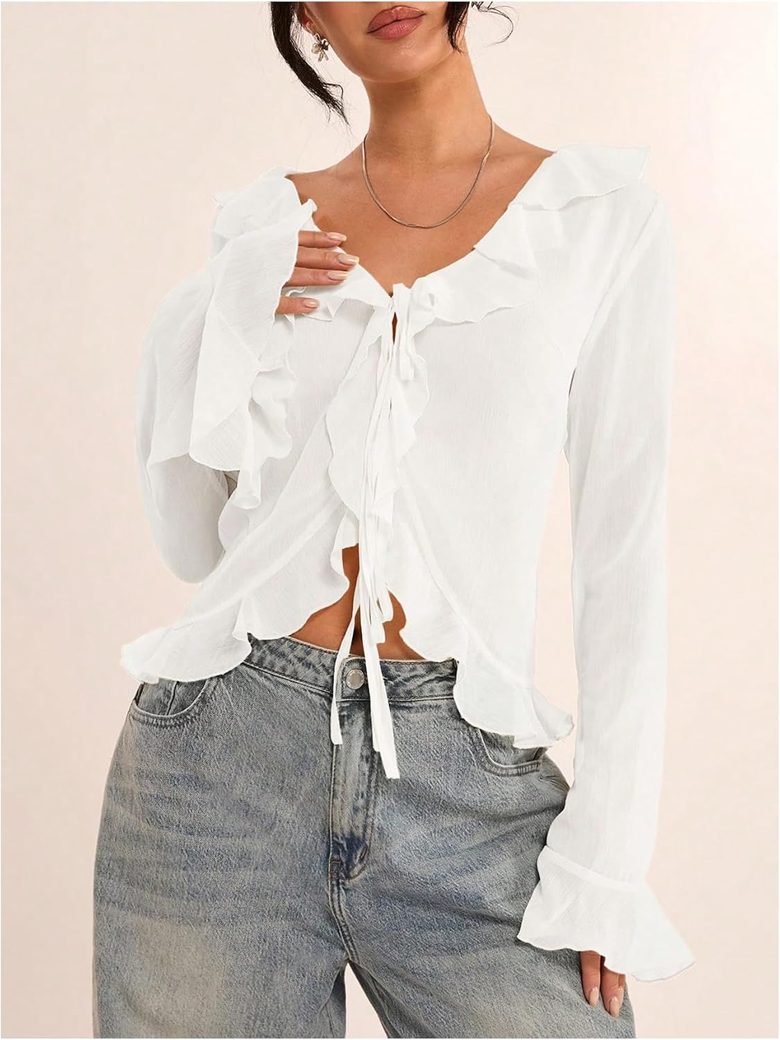 GORGLITTER Women's Bell Sleeve Mesh Sheer Top Tie Front Ruffle See Through Going Out Blouses Vacation Holiday Outfits