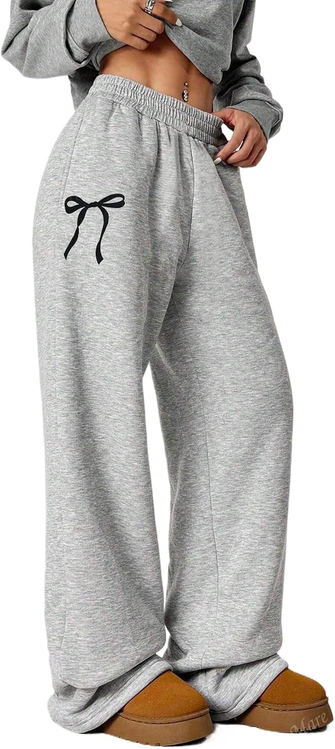 Girls Bowknot Baggy Sweatpants Teen Trendy Wide Leg Sweat Pants Elastic Waist Loose Jogger Casual Kids for 8-12Y