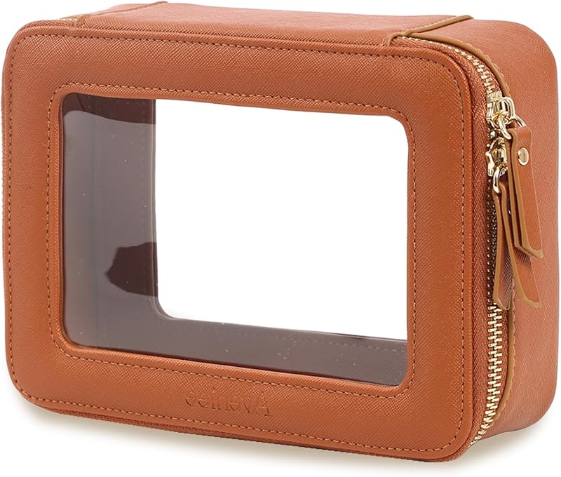 Necessaire transparente Aveniee para maquiagem e viagem, com zíper, couro sintético marrom, Classic