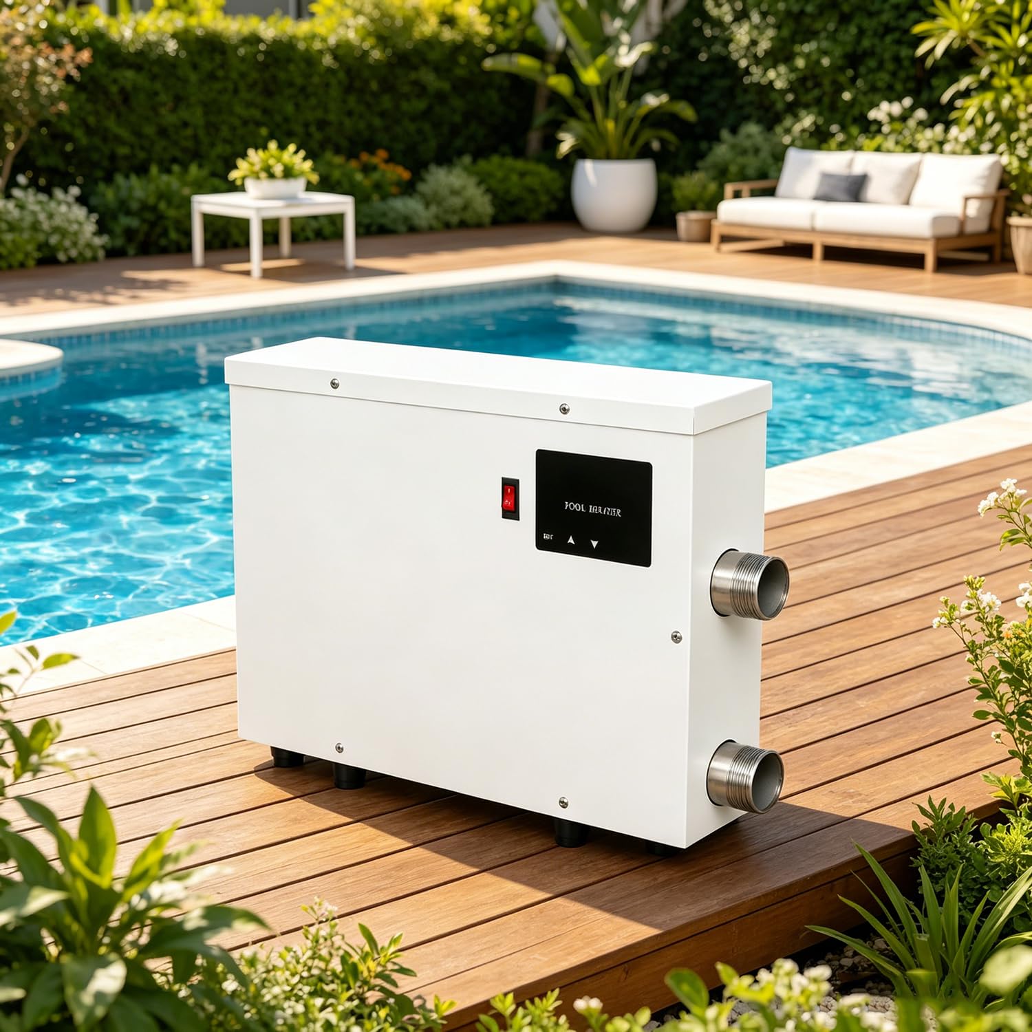 Riscaldador de Agua Piscina Ecológico PHS, Calentador Piscina 5,5–15 kW con Control Táctil 20–50 °C, Tubo Acero Inox 316, Conexiones 1,5 Pulgadas para Spa, Bañera y Piscina Compacta Exterior 5.5kw