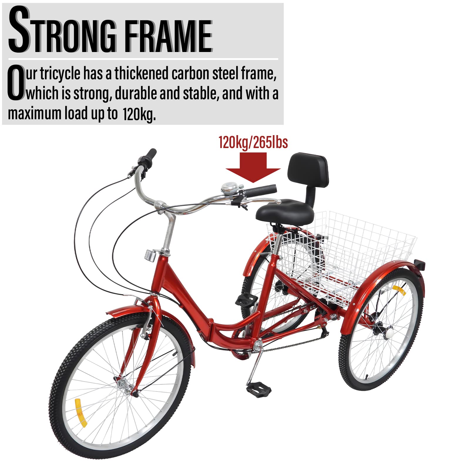 Tricycle Adulte 24" Tricycle Pliant de 24 Pouces pour Adultes Seniors Vélo Cruiser à 3 Roues avec Panier 7 Vitesses Siège Confortable avec Dossier