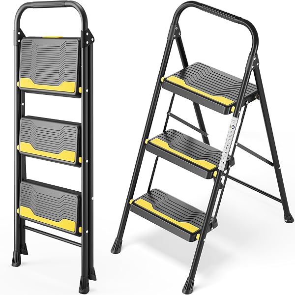 Heavy-Duty 3 Step Ladder with Wide Anti-Slip Steps