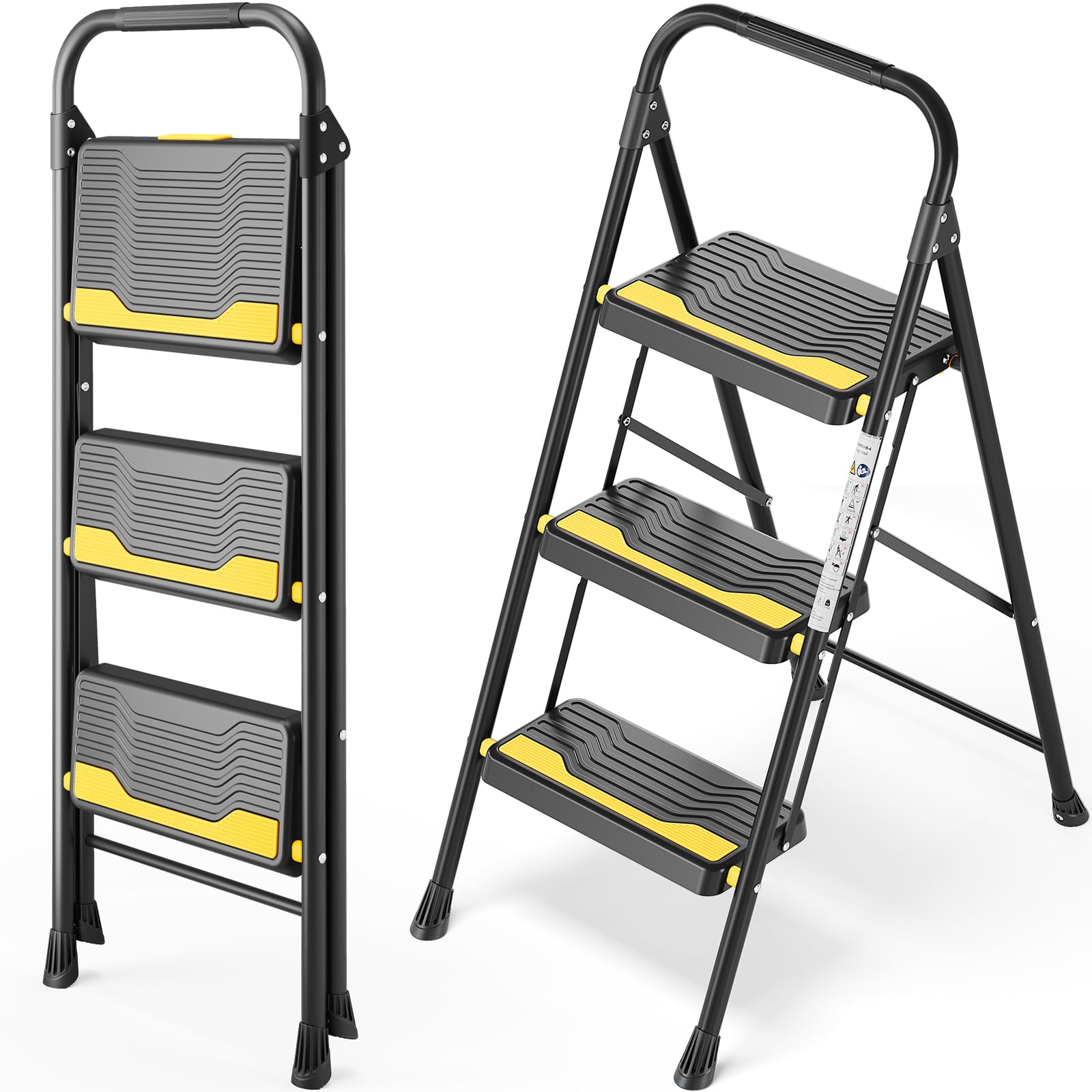 Urackify 3 Step Ladder, Heavy-Duty 150KG Capacity, Wide Anti-Slip Steps & Secure Handrail Compact, Folding Step Stool Portable Design for Home, Kitchen, Office, Pantry, Closet Use, Black