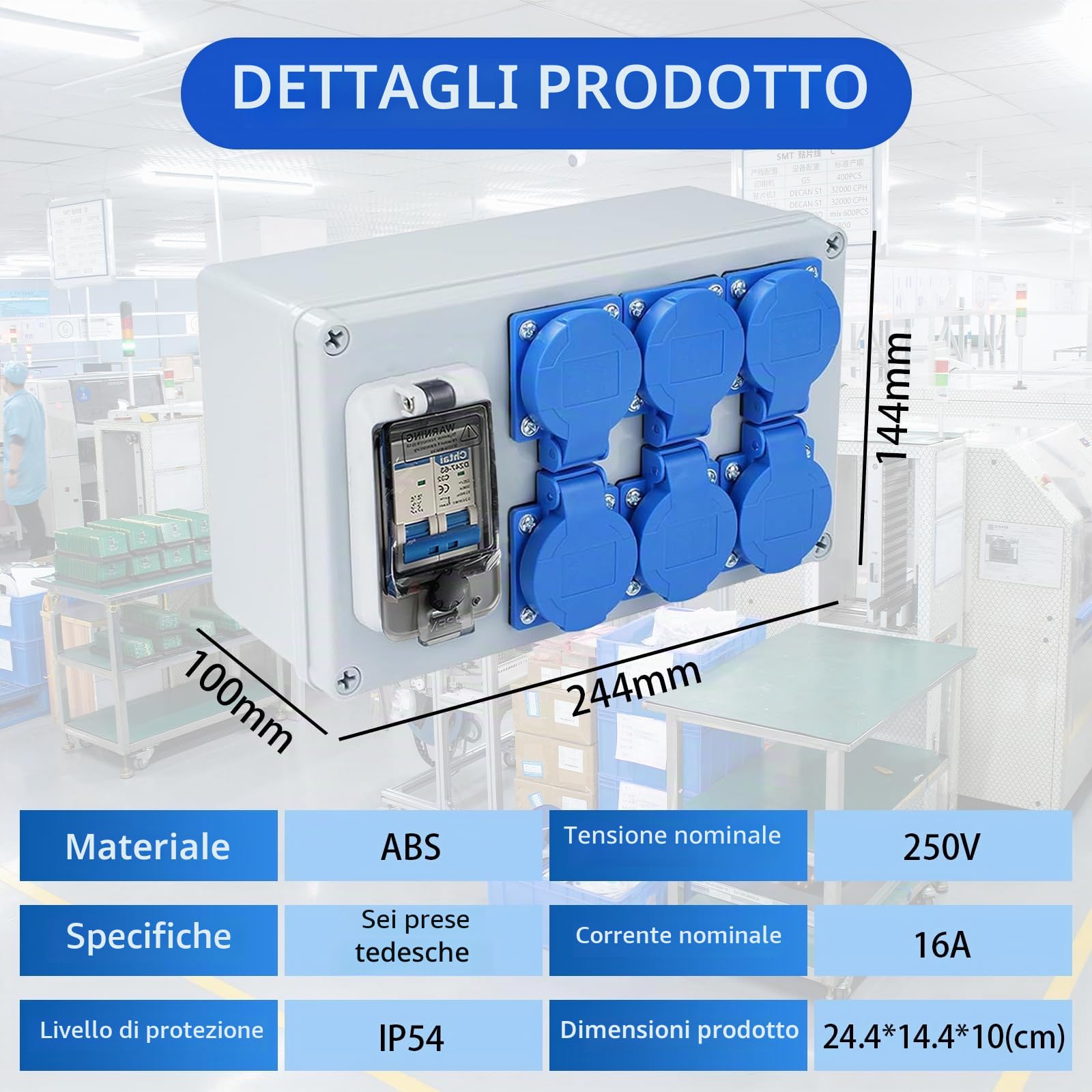 Cofanetto Elettrico di Cantiere 250V, 16A Distributore a Parete con Interruttore Automatico, 6 Prese, IP54 Impermeabile, Distribuzioni di Corrente Cantiere di Costruzione per Interni ed Esterni