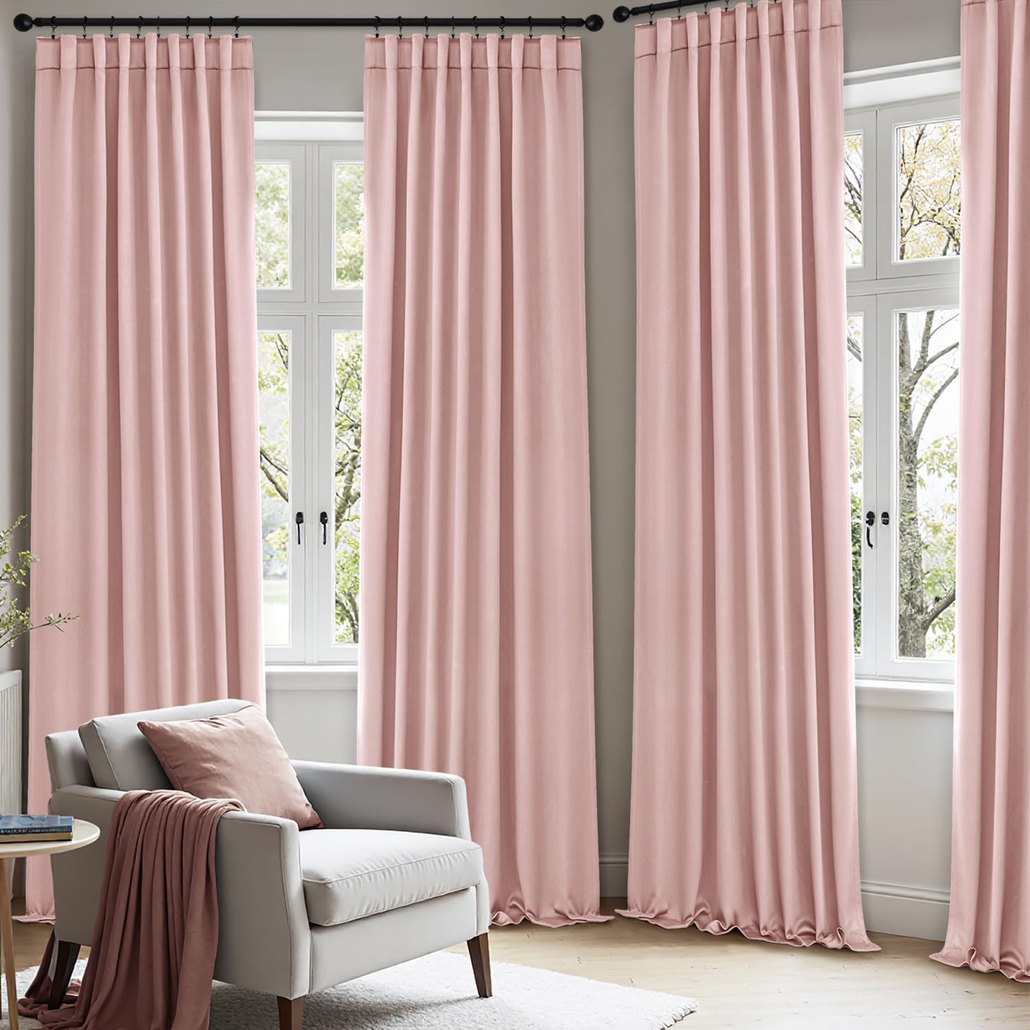 ANRODUO Rod Pocket and Back Tab Pleated Blackout Curtains with Hooks, Rings, Light Pink Curtains 90 Inches Long 2 Panels, Thermal Insulated Room Darkening Living Room Bedroom Curtain, 42x90 Inches