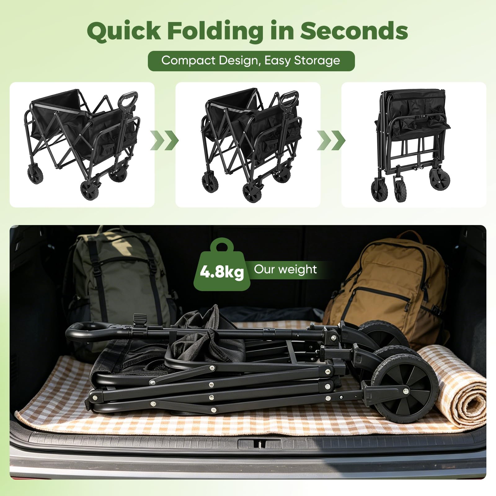 Carrello pieghevole da 70 l, tessuto Oxford 600D, carrello da giardino con ruote, manico regolabile, per campeggio, picnic, spiaggia