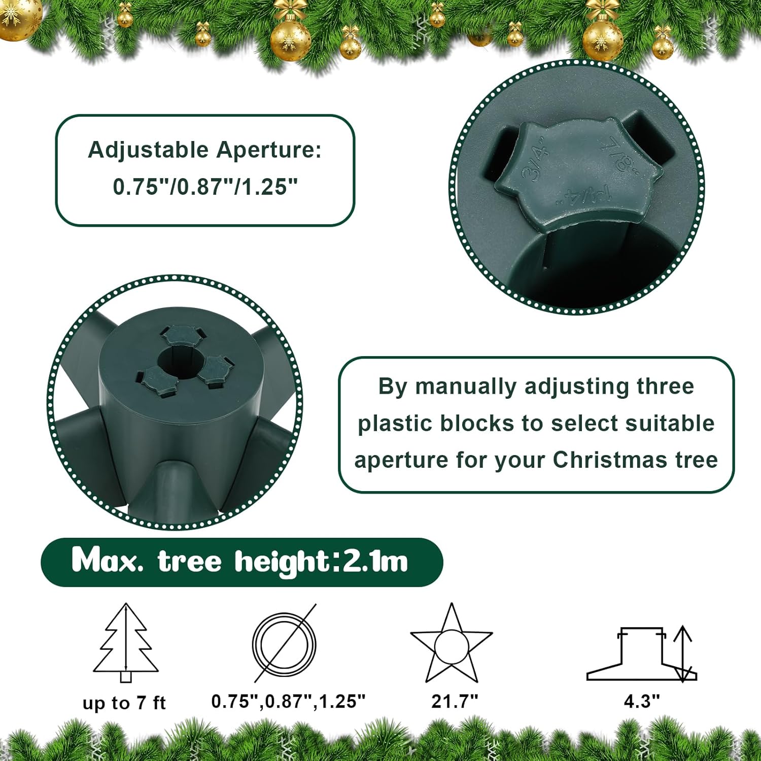 Huwena Christmas Tree Stand Plastic Xmas Tree Holder Base Supports up to 7ft, 50 Pounds Artificial Trees Adjustable Replacement Fits for 0.75/0.87/1.25 Inch Trunks Diameter for Christmas Decoration