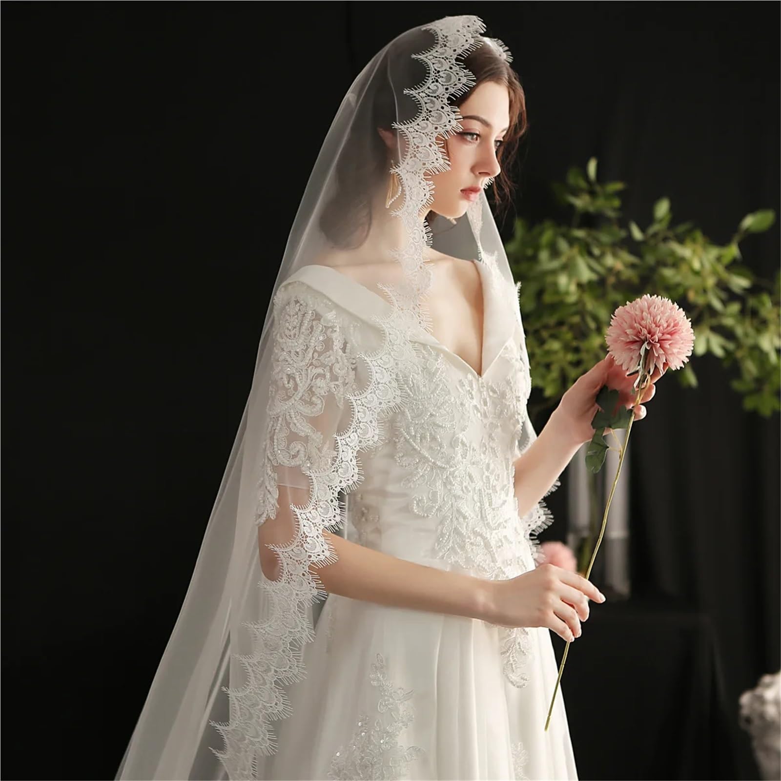 Genérico Elegante velo de novia de una capa: borde completo con pestañas, velo de novia largo con peine