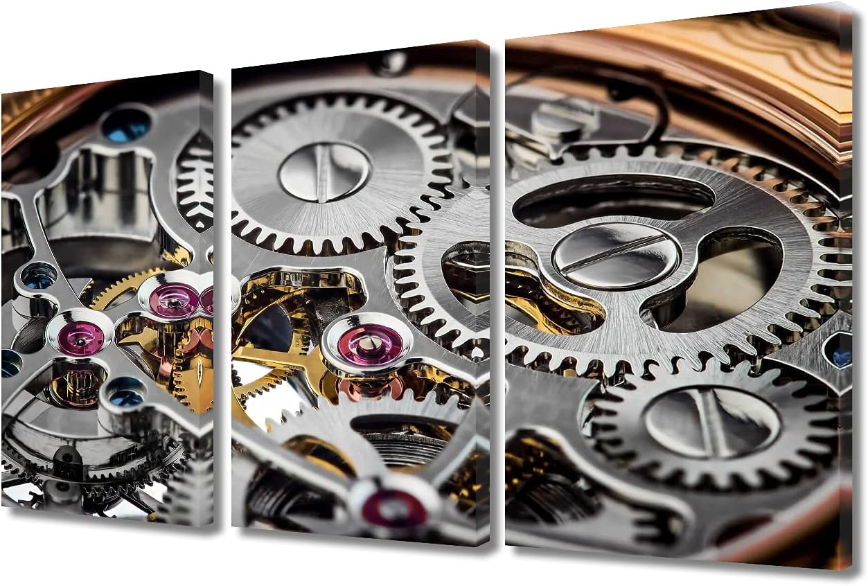 TUMOVO Engine Paintings Luxury Watch Pictures 3 Panel Canvas Wall Art for Living Room Mechanical Clock Artwork Contemporary Home Decor Giclee Framed Ready to Hang Posters and Prints- 36" Wx24 H