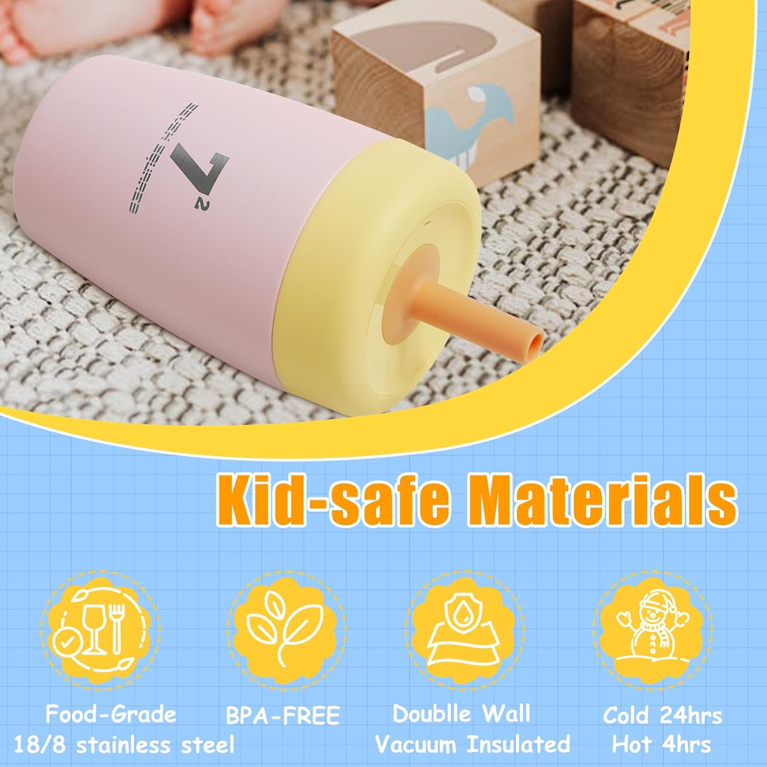 12oz Kids Tumbler Spill Resistant with Lid & Silicone Straw, Insulated Stainless Steel Sippy Cups, BPA-Free Straw Tumbler, Kids Water Bottle Dishwasher Safe, BPA-FREE - Image 4