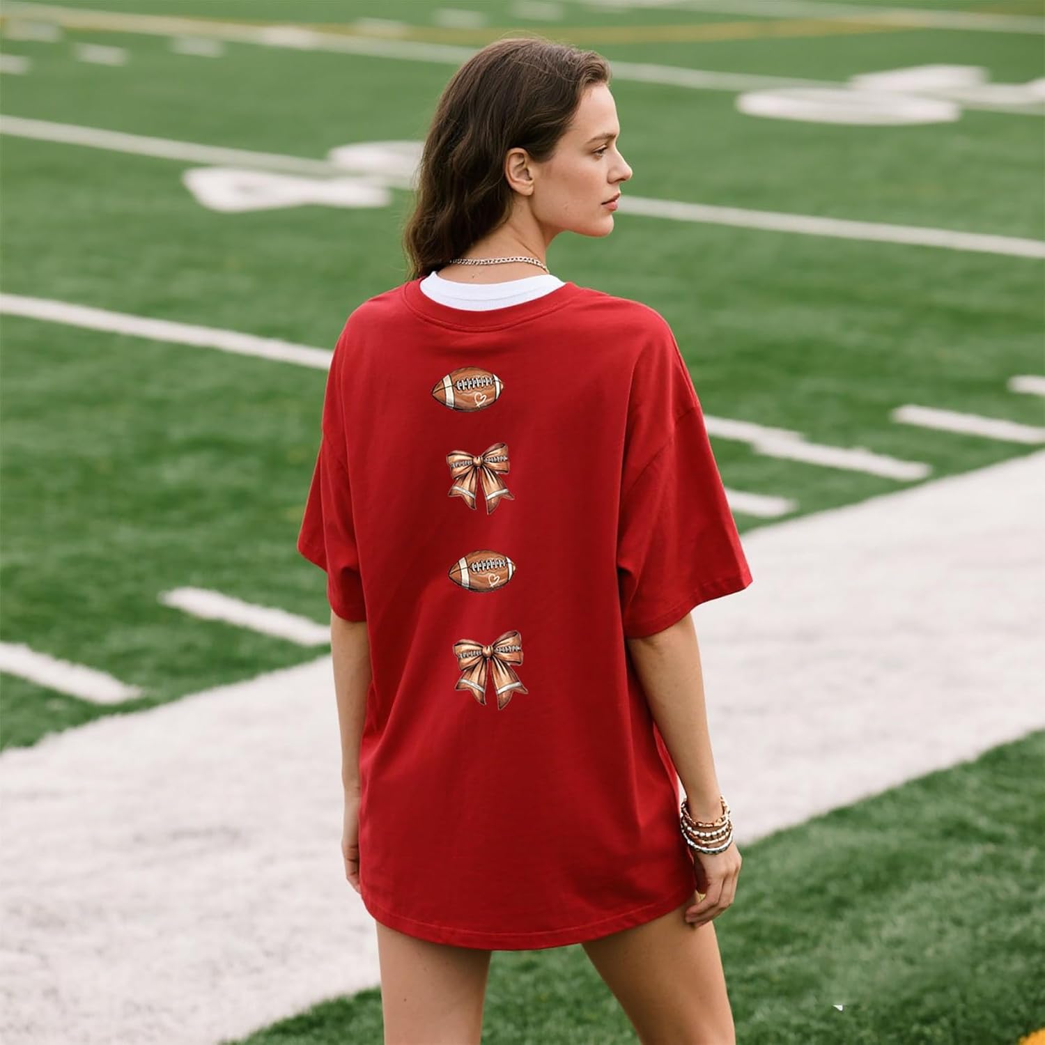 Game Day Shirt Women Oversized Football Shirts Football Mom T-Shirt Bow Tshirt Causal Short Sleeve Tee Tops - Image 3
