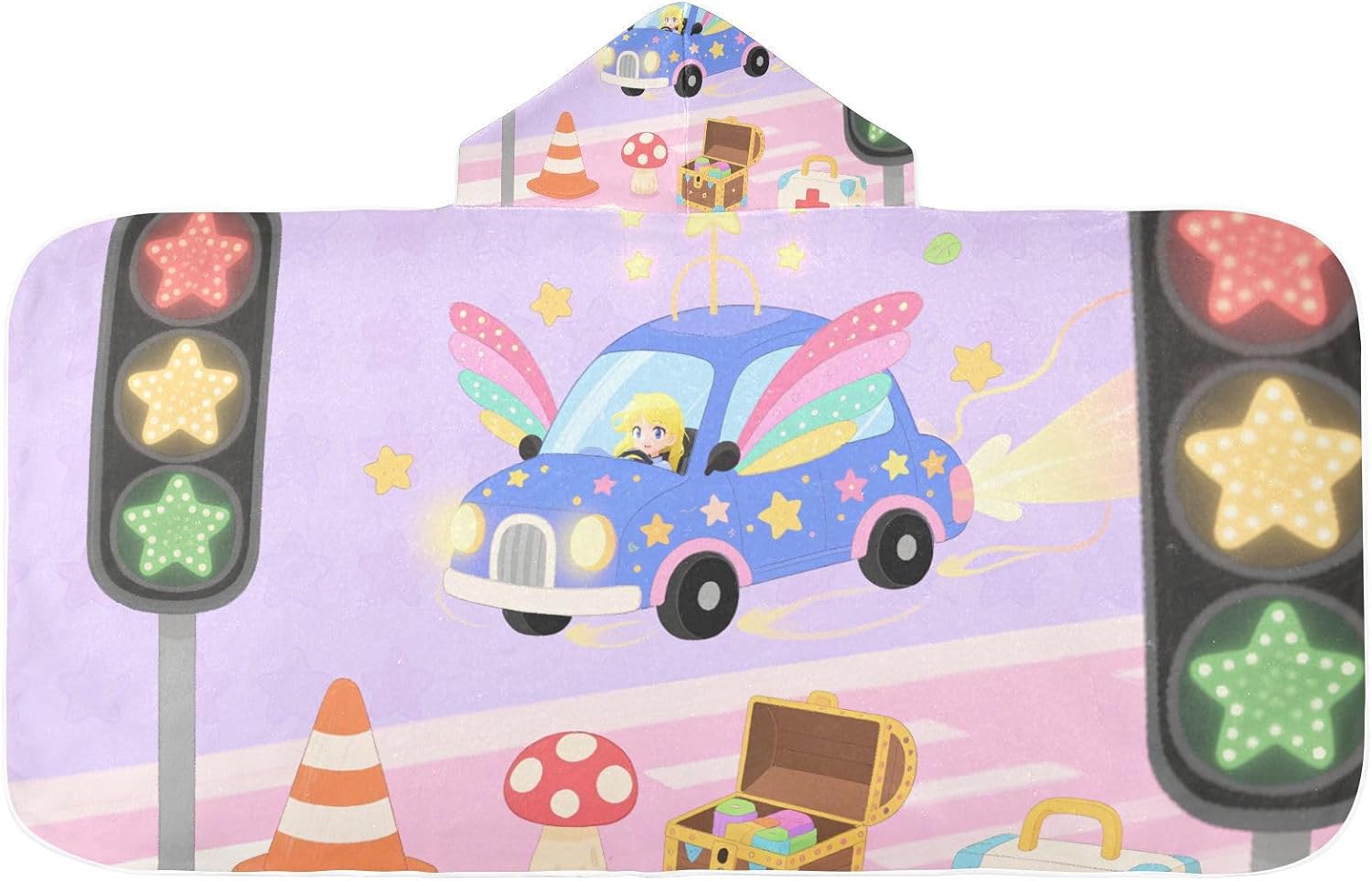Kids Beach Towel Cartoon Traffic Lights and Cars Boys Hooded Beach Towel Absorbent Kids Bath Towels with Hood