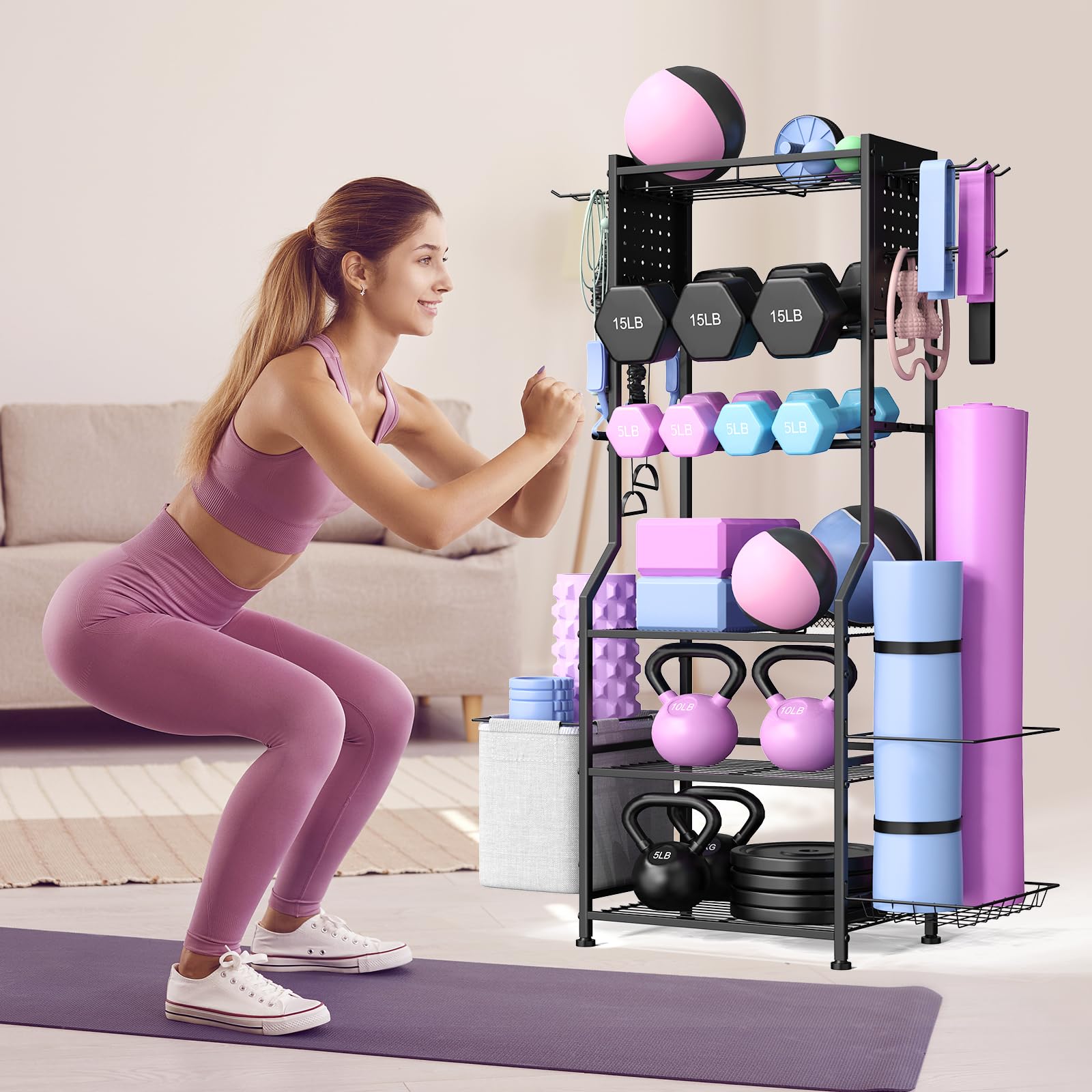 Rastrelliera per manubri, palestra domestica per kettlebell, tappetino da yoga e attrezzature per l'allenamento della forza, rack per pesi con organizer per pioli, attrezzatura da palestra per