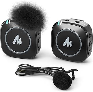 MAONO Compact Wireless Lavalier Microphone, 2.4GHz Dual Lapel Mics with Real-time Monitoring, Gain Adjustment and Mute for Interview, Vlogging, Live Streaming, Phone, Camera (WM820 A1)