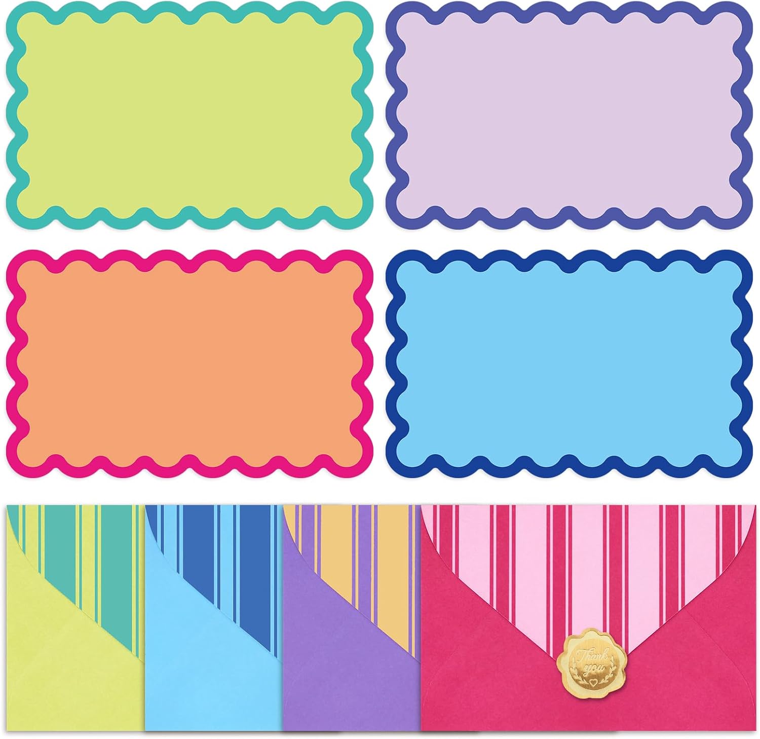 Whaline 60Pcs Flat Blank Notes with Envelopes Scalloped Stationery Set 4 Colors Non Folding Double-Sided Note Cards Blank Index Cards for Baby Shower Birthday Wedding, 5.6 x 3.5 Inch