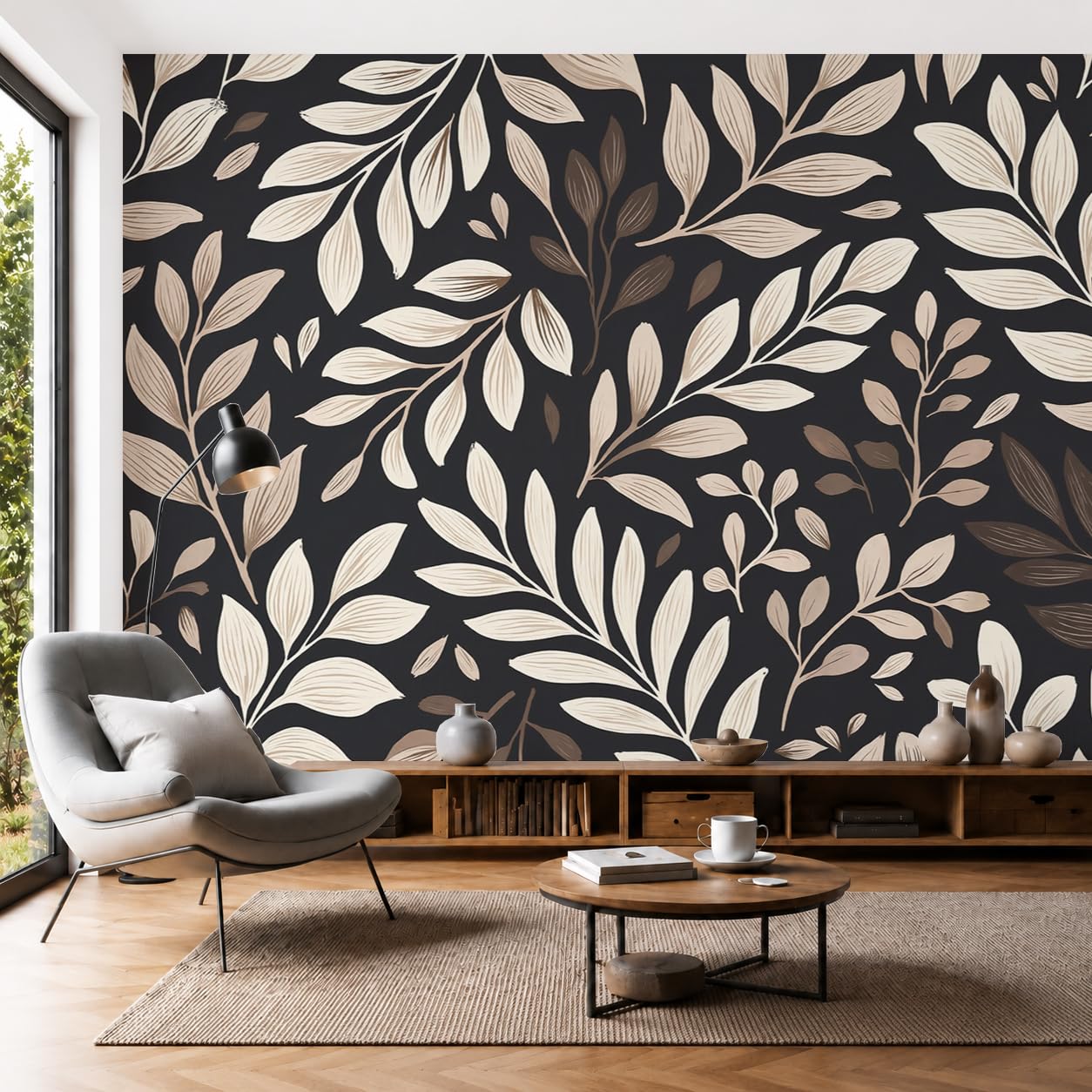 Papier peint panoramique vintage branches et feuilles 400x280 cm pour salon