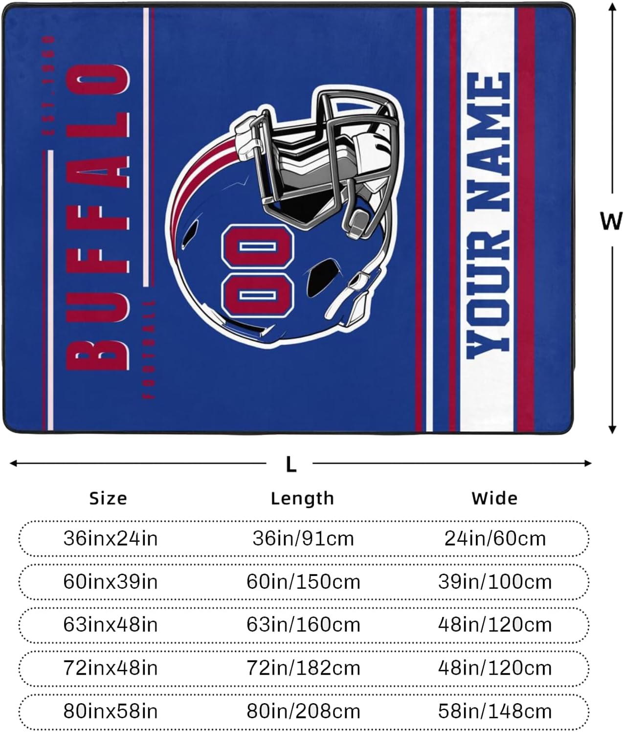 Custom Football Rug, Personalized Buffalo Area Carpet with Name Number, Customized Sports Rugs Gifts for Fans Living Room Bedroom Bathroom Kitchen Office Garden Balcony Decor, Large Size