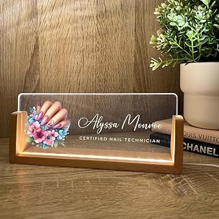 Personalized Name & Title Desk Name Plate Wood Stand | Nail Care Services Technician Artist Manicurist Stylist | Company Logo | Professional Work Sign Plaque LED Light Nameplate Salon Decor Gift
