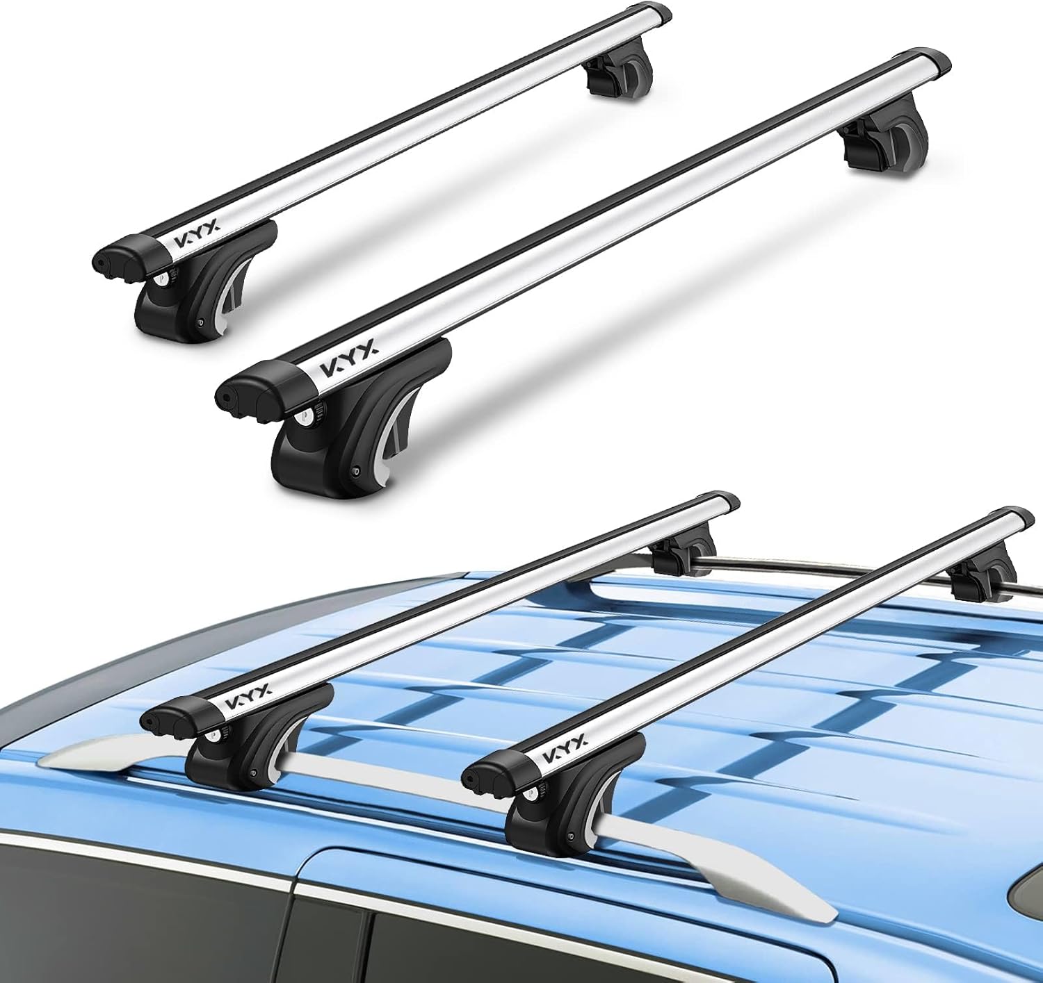 KYX 47" T-Track Universal Roof Rack Crossbars with Locks, Fit for Raised Side Rails with Gap, Adjustable Aluminum Cross Bars Ski Snowboard Rooftop Cargo Carrier Bag Bike Luggage Kayak, Pack of 2