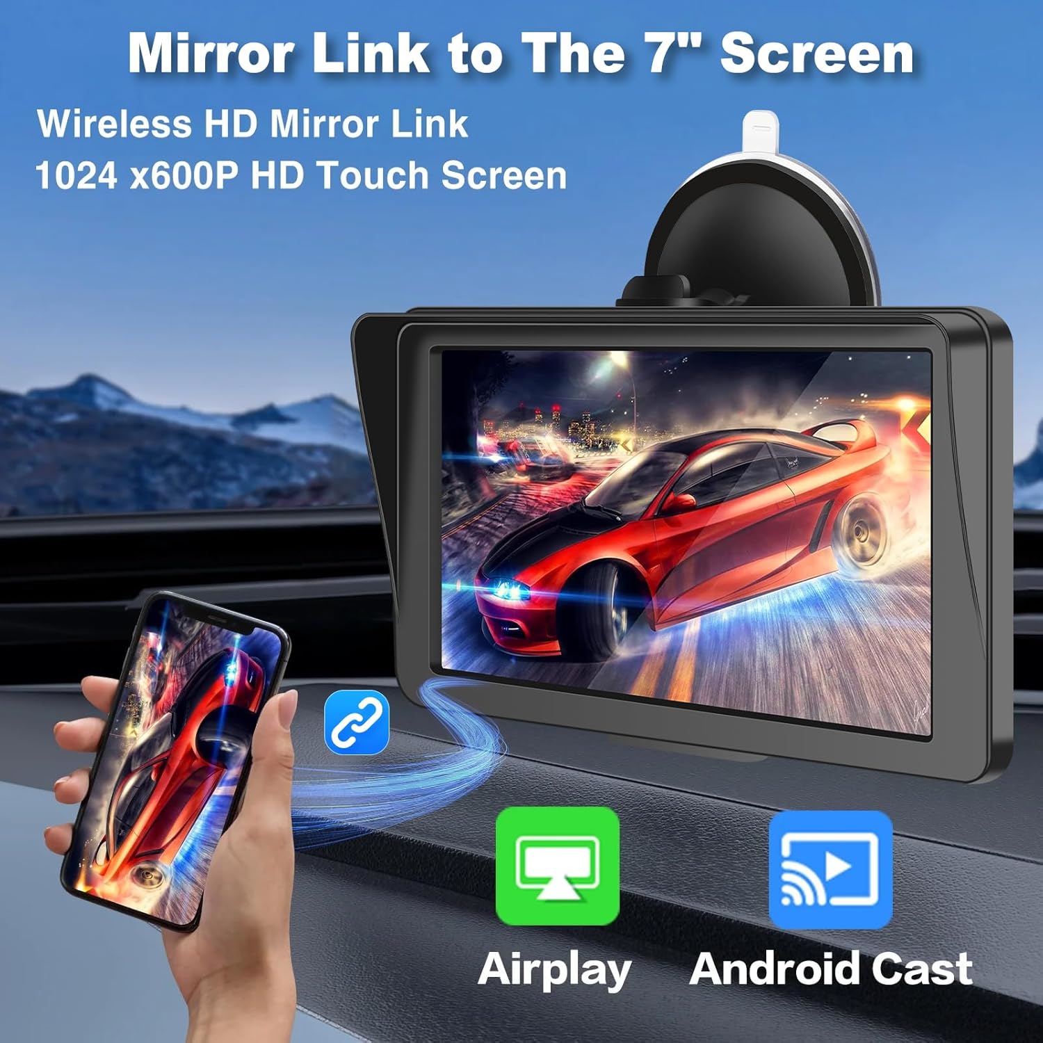 Wireless Carplay Screen for Car, 7" HD IPS Touch Screen Stereo for Apple Carplay & Android Auto,Bluetooth,Voice Control,GPS Navigation,Mirror Link | Plug-and-Play, Apple Car Paly for All Vehicle
