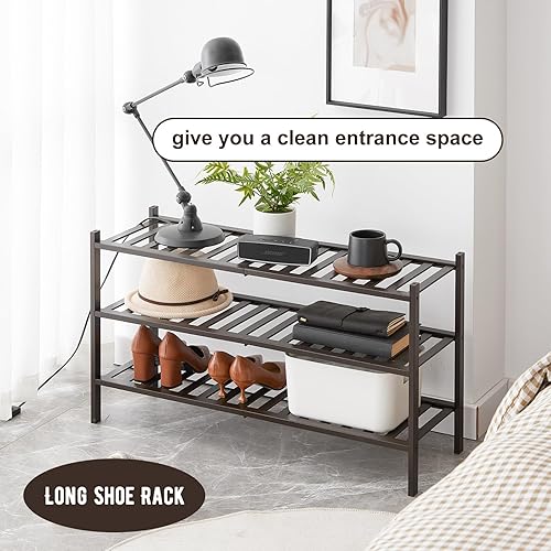 Miniatura 7 de Furshus Zapatero largo organizador de almacenamiento apilable de bambú de 3 niveles zapatero para armario entrada y pasillo