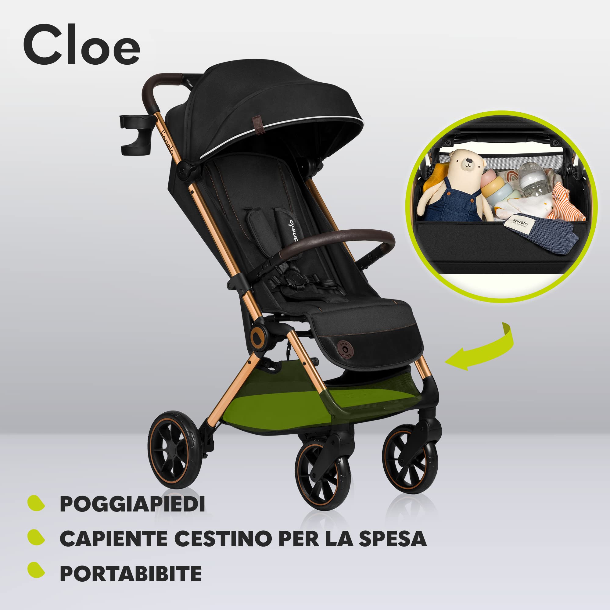 LIONELO Cloe Passeggino Leggero e Pieghevole per bambini da 6 a 48 Mesi | Passegino Compatto fino a 22 kg, Schienale Reclinabile, Posizione Distesa, Cinture a 5 Punti, Ruote XXL, Zanzariera