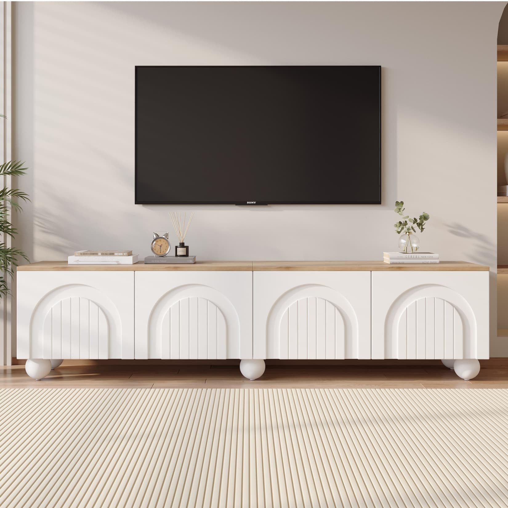 Meuble TV 180x40x45cm,Meuble Tele,Meubles Bas Rangement avec 4 Portes en Relief Tridimensionnel,6 Pieds Métalliques Sphériques,pour Téléviseurs de 80 Pouces