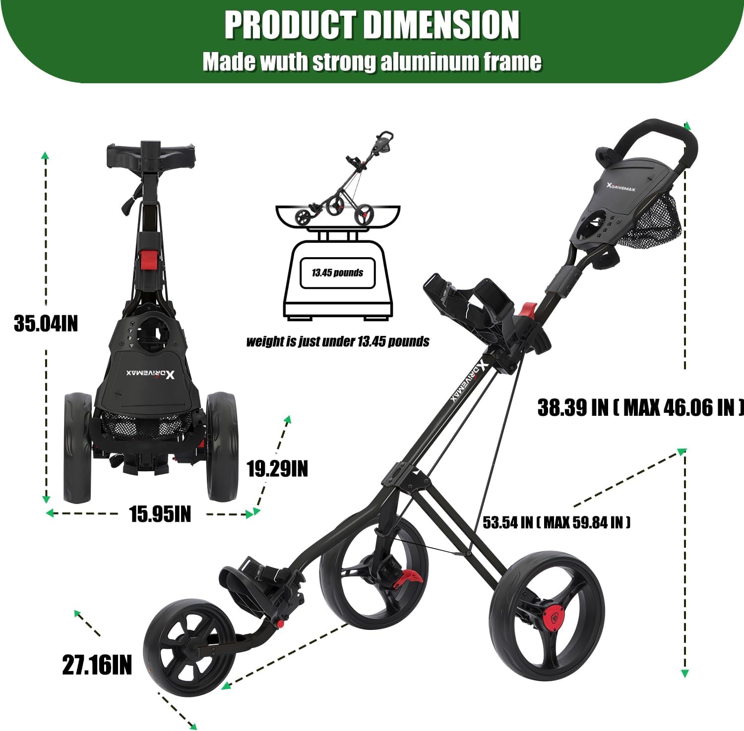 Lightweight Folding Golf Push Pull Cart, Professional Manual Walking Golf Trolley for 2 & 3 Wheels