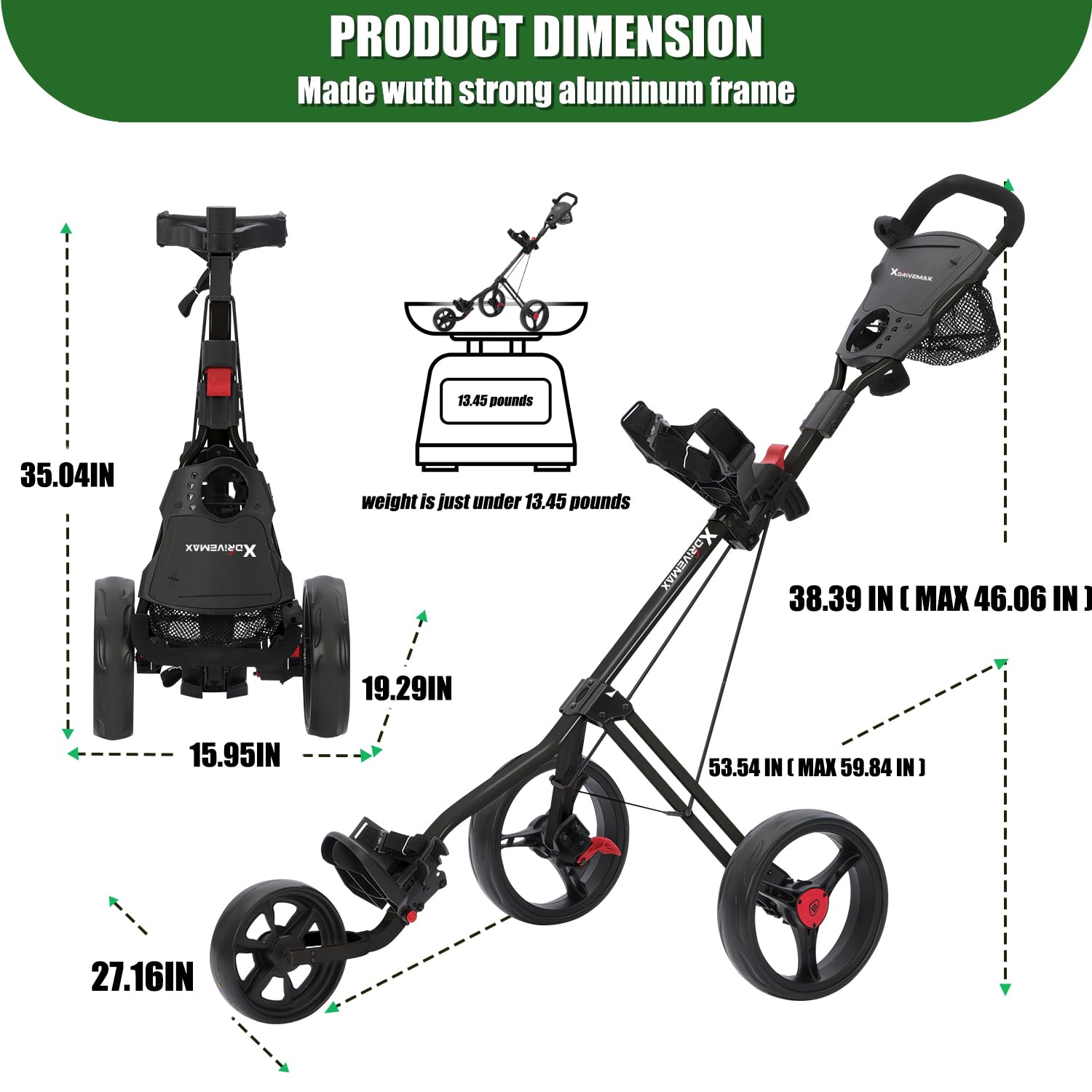 XDriveMax GC27 Carrello a spinta da golf a 3 ruote, carrello da golf borsa pieghevole carrello da tirare carrello per club e borsa con supporto per tazze titolare carte/scomparto portaoggetti (nero)