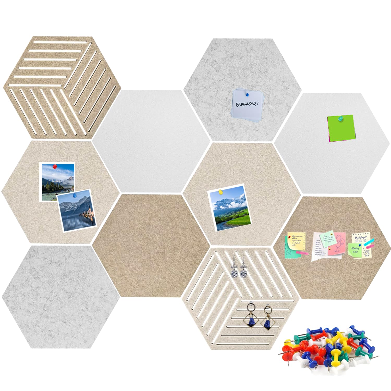 10 Stück Sechseckige Filz Pinnwand, 30x26cm Selbstklebende DIY Kork Pinnwand mit 35 Pinnnadeln, Sechseckige Korkplatte Pinnwand für Zuhause, Schule, Büro