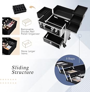 Makeup Trolley Vanity Case with Drawers Beauty Trolley on Wheels Makeup Case on Wheels Hairdressing Trolley Large Beauty Box Nail Technician Case Lockable, Black