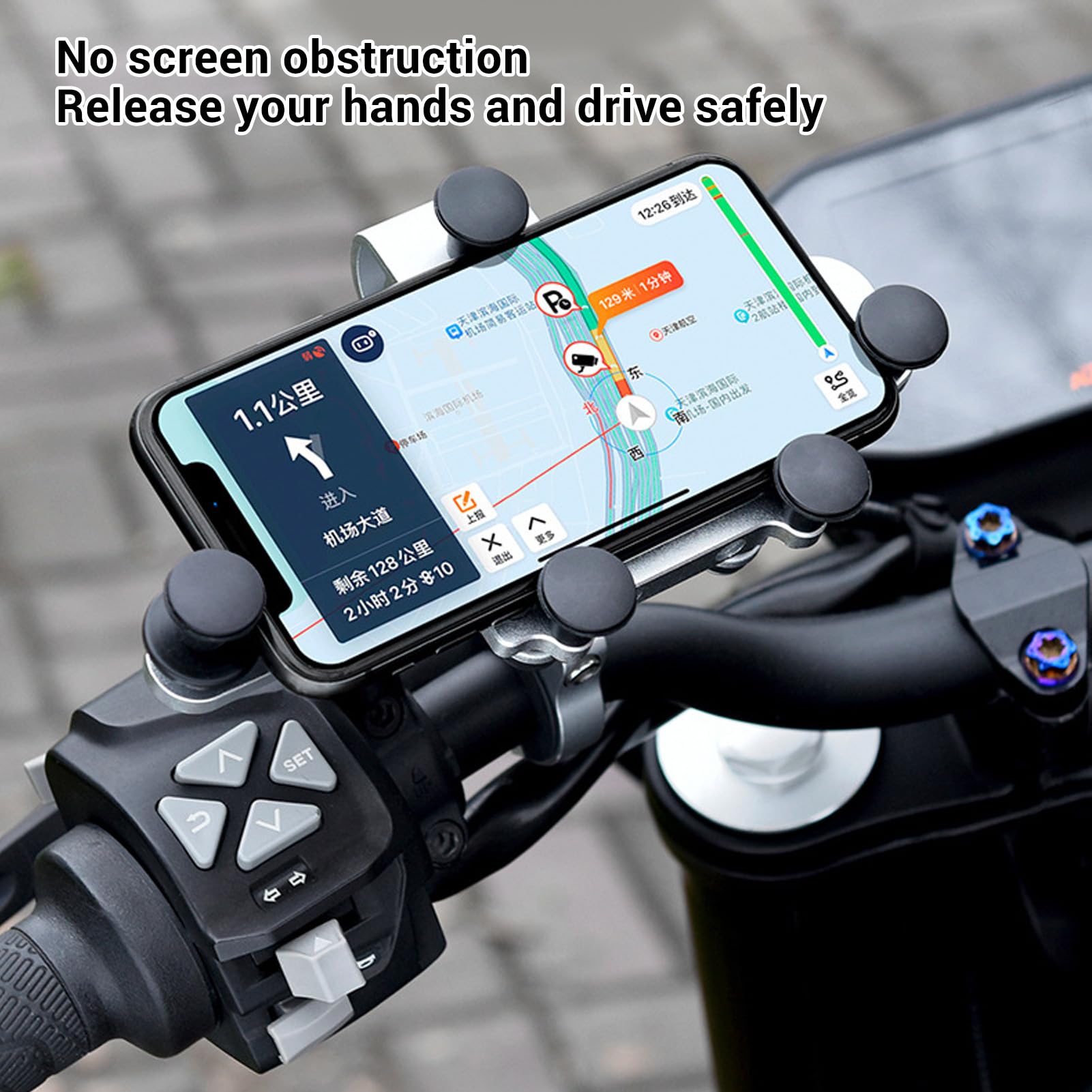 Uchwyt do telefonu na lusterko wsteczne motocykla ze stopu aluminium - Obrotowy 3D amortyzujący uchwyt na telefon komórkowy z 5 szczękami do jazdy po wyboistych drogach - Srebrne (Czarny)
