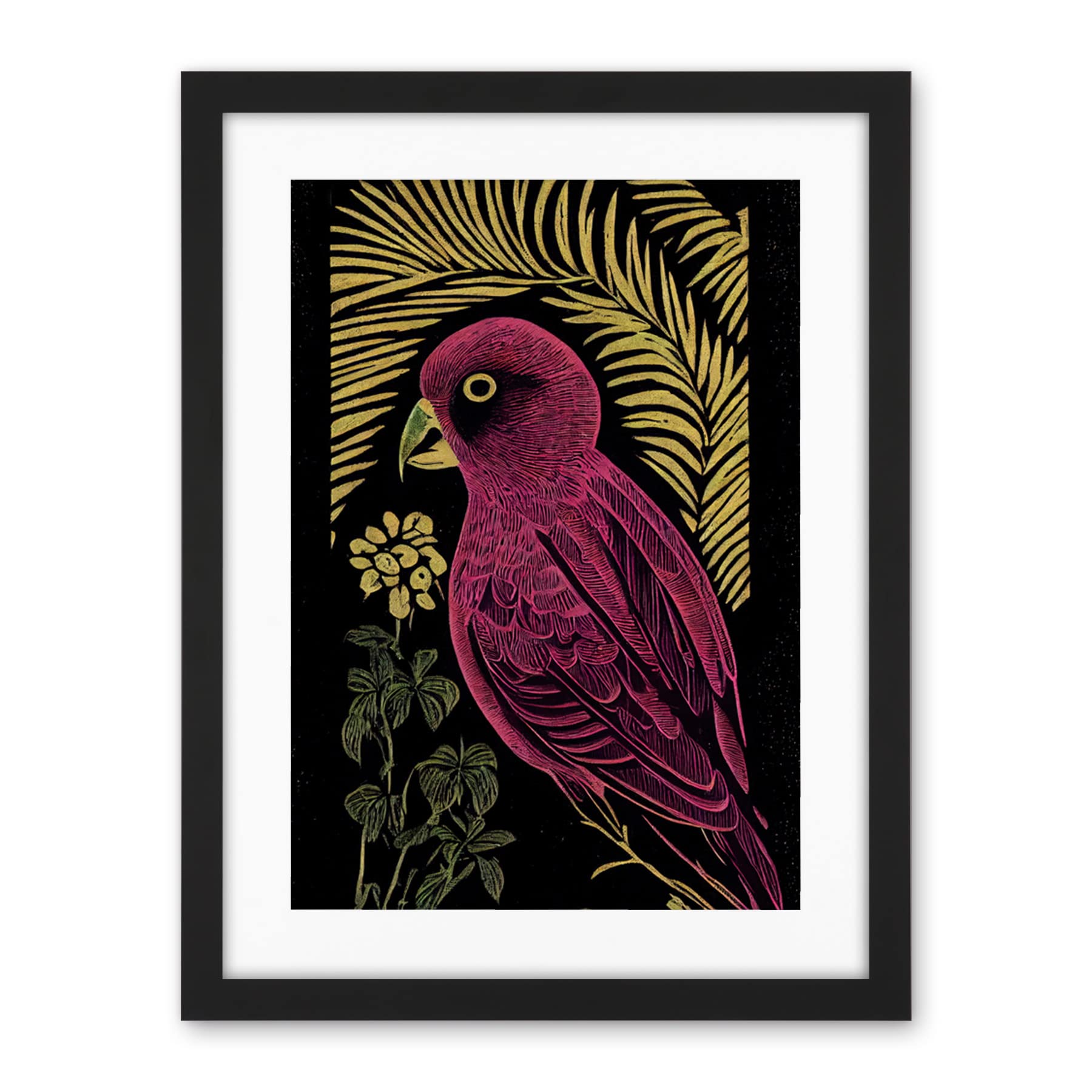 Wee Blue Coo Pink Parrot Bird Black Gold Tropical Plants Modern Vintage Linocut Illustration Artwork Framed Wall Art Print 18X24 Inch