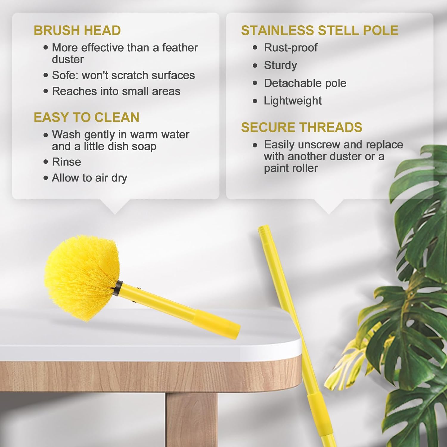 Cobweb Duster with Pole, 8ft Yellow Stainless Steel Pole Cobweb Brush with Medium-Stiff Bristles for Walls Beams Shelves Iight Fixtures and Window Screens