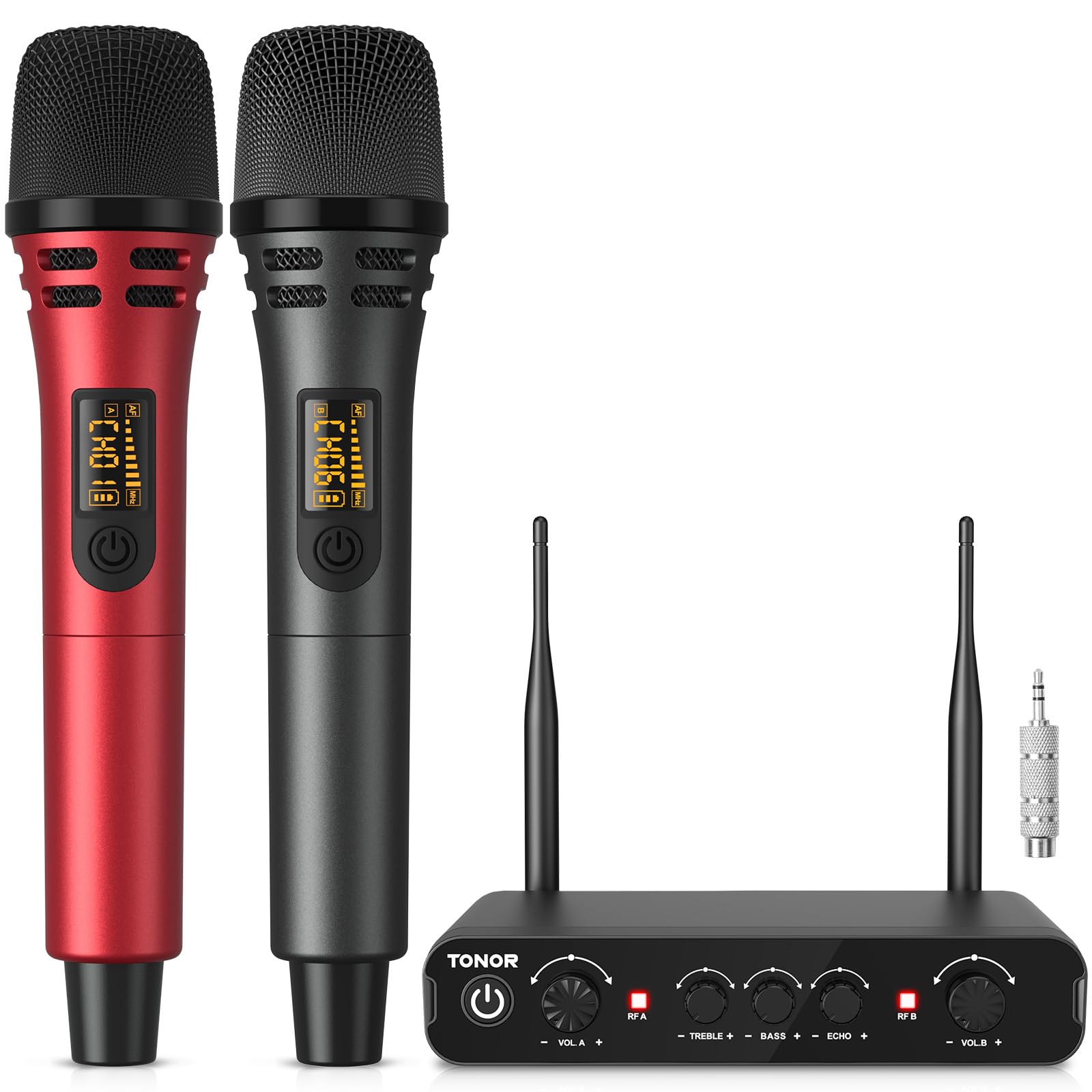 TONOR Micro Karaoke sans Fil, UHF Microphone Systèmes Dynamique Chant Portable à Main Double avec Récepteur pour Karaoké/Fête/Discours/Mariage/DJ Spectacles/Église/Conférences, 60M, Gris&Rouge,TW350