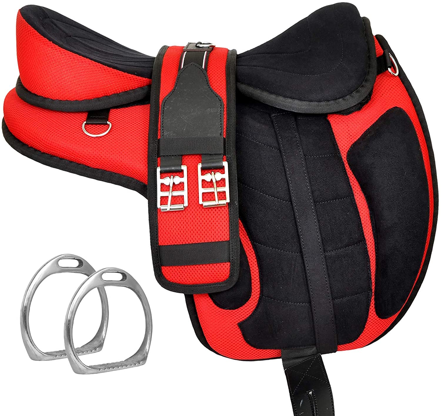 Synthetic Treeless Freemax English Horse Saddle with Matching Girth and Aluminum Stirrups Pair Set (Red, 13 Inches Seat)