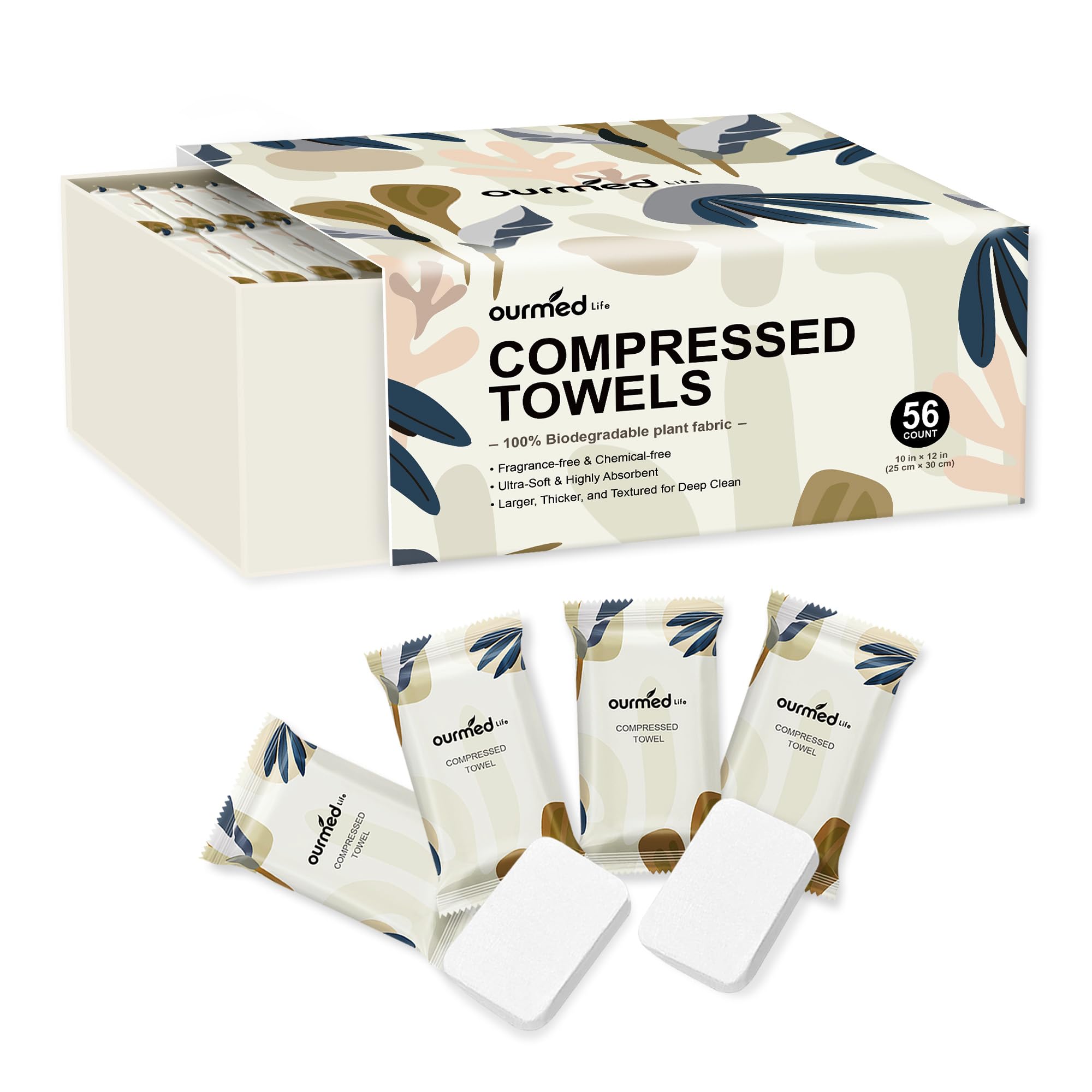 Asciugamani compressi Ourmed Life – Asciugamani monouso portatili, si espandono rapidamente con l'acqua, morbidi e privi di pelucchi, 30 x 25 cm, ideali per viaggi, campeggio, trekking (56 pezzi)