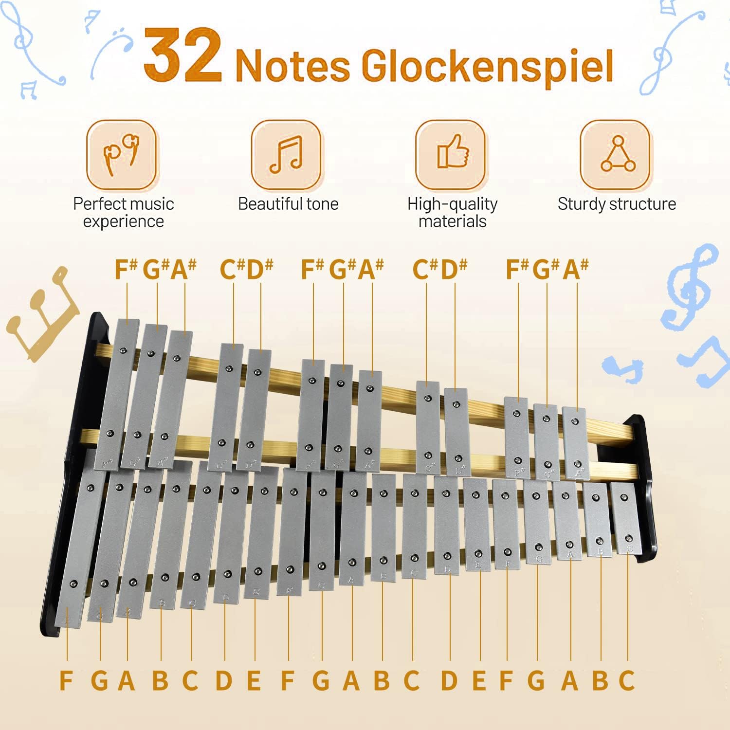ENNBOM 32 Note Natural Glockenspiel Kit Xylophone with Adjustable Stand Professional Percussion Instrument Set (32 note, Natural) : Musical Instruments