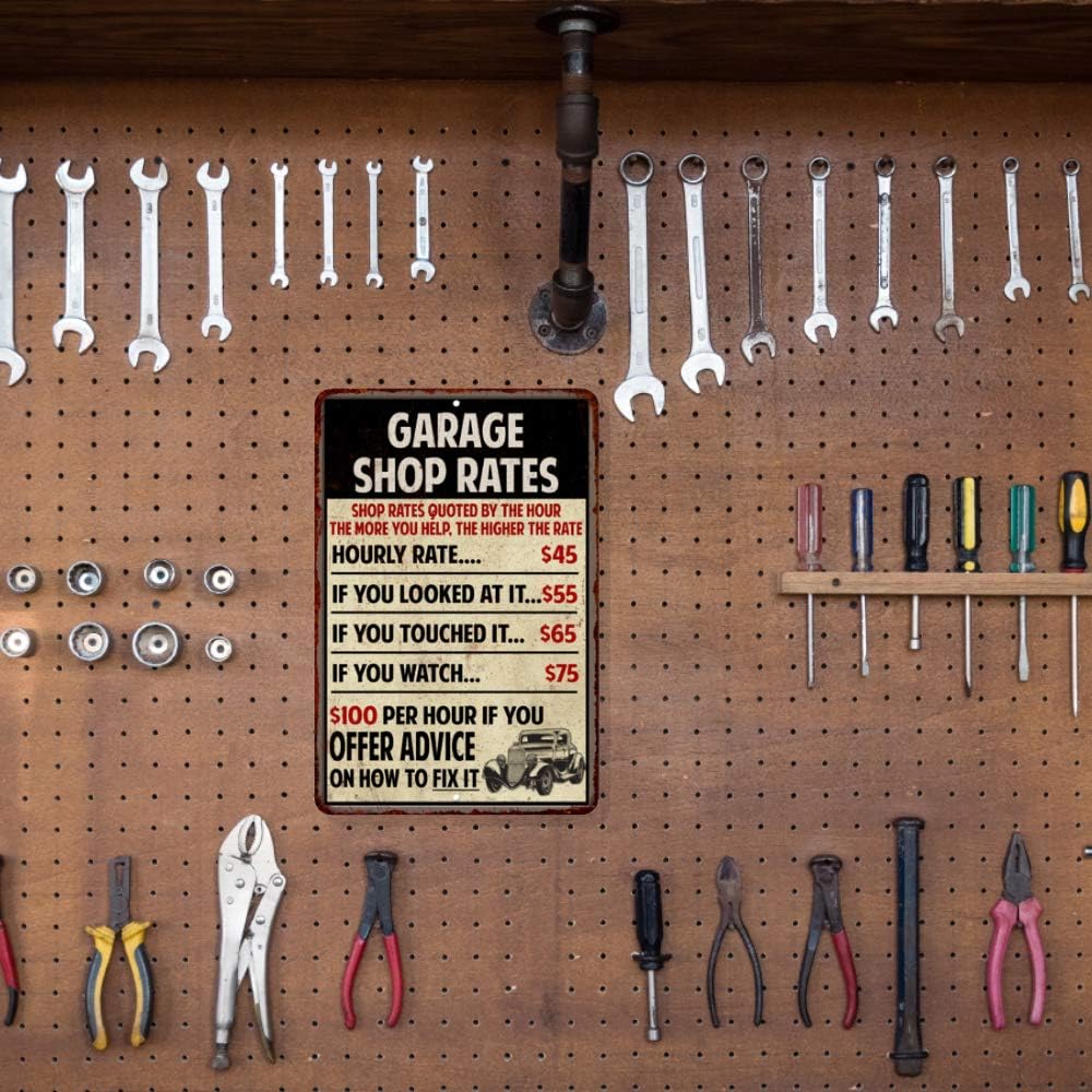 Shop Rates Sign Garage Rustic Wall Décor Mechanic Signs Pops Decorations Mechanics Automotive Man Cave Bar Tin Vintage Mancave Car Funny Retro Plaque Dads Gift 16 x 24 Matte Finish Metal 116240068019