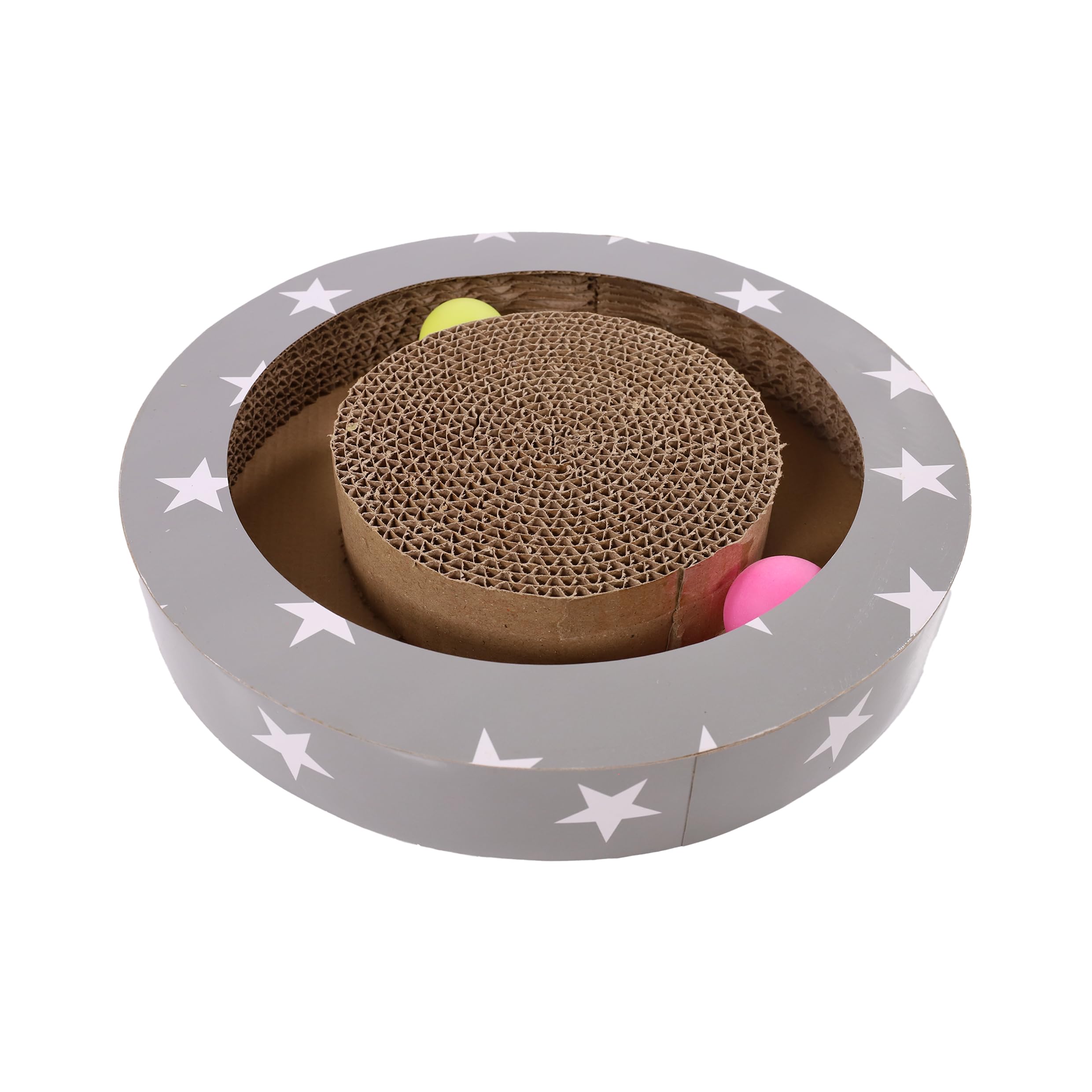 Rosewood Cat Scratcher Toy with Ball Track – Round Cardboard Scratch Pad with Ping Pong Balls, Cat Enrichment Toy for Indoor Cats, Durable Corrugated Scratcher, 30 x 30 cm