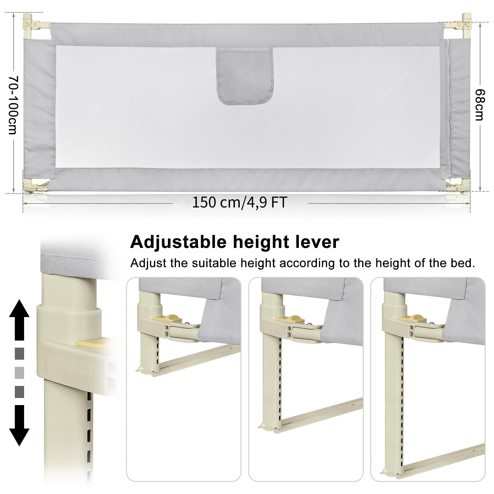 Sponda Letto Bambini Anticaduta Regolabile in Altezza 70-99 cm, Barriera Letto Bambini Universale Barriera Letto da Viaggio Pieghevole e Portatile (150 cm/4,9 FT)