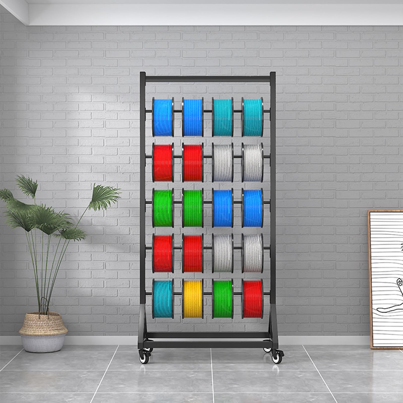 Wire & Cable Reel Display Stand, Wire Spool Storage Rack for Garage Workshop, Movable Metal Rack Vinyl Film Roll Holder, Transfer Paper Tape/Wrapping Paper Display Rack with Adjustable Hanging Rod(8 r