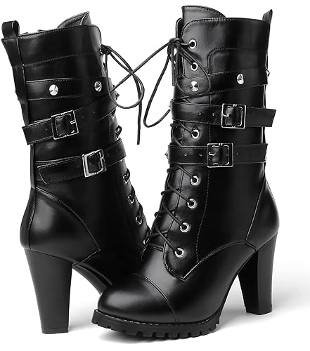 Susanny High Heel Boots for Women,Womens Platform Boot Heels Sexy Round Toe Lace UP High Heels Mid Calf Boots - 12 - Black-m