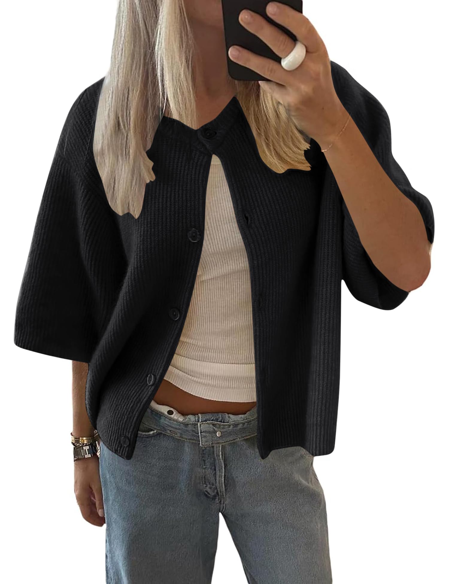 Womens Spring Summer Short Sleeve Cardigan Sweaters Trendy Crew Neck Button Down Lightweight Knit Outfit Y2k Clothes-image-46