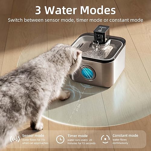 Miniatura 4 de Fuente de agua inalámbrica para gatos de acero inoxidable, fuente para mascotas de 135 oz4 L, funciona con pilas, dispensador de agua corriente