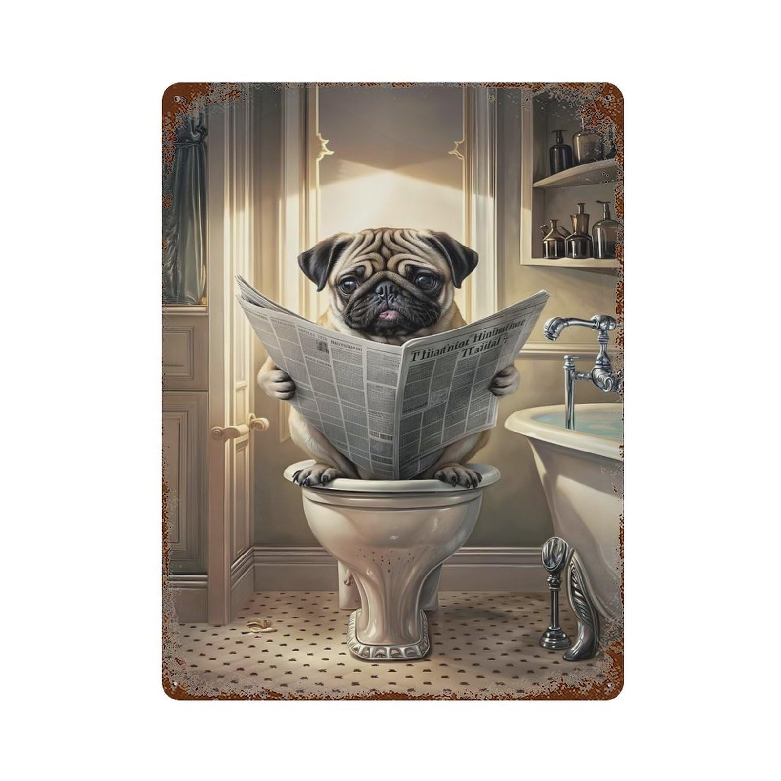 Rust Effect Funny Pug in Toilet Decorative Tin Sign 15.7"x11.8", Rustic Home Decor for Cafe, Home Bar And Lounge Decor