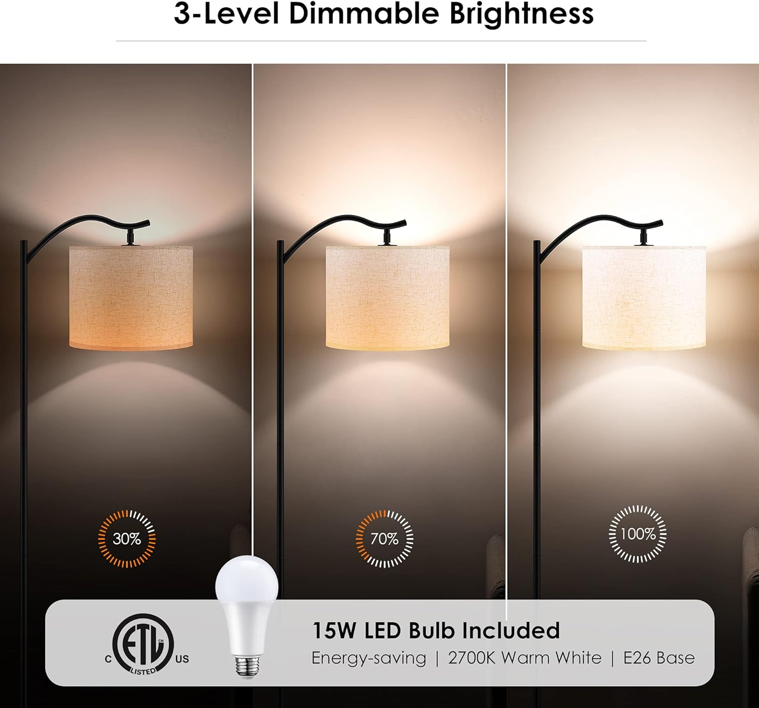 Floor Lamp for Living Room, 15W LED Arched Floor Lamp, Tall Modern Standing Lamp with Linen Shade, 3 Brightness Levels, E26 Socket, Footswitch, Mid Century Floor Lamp for Bedrooms, Office, Farmhouse - - 