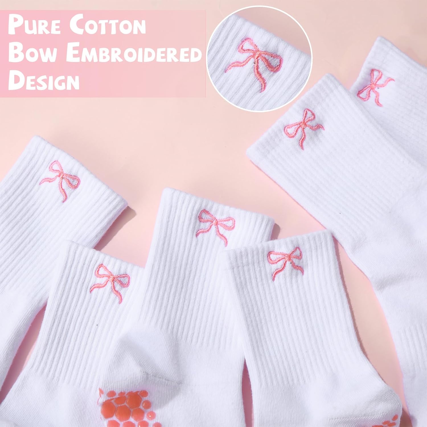 Jeyiour 5 Pairs Coquette Bow Socks for Women Pure Cotton Non Slip Pilate Grips Socks with Embroidered for Yoga Barre Ballet - Image 2